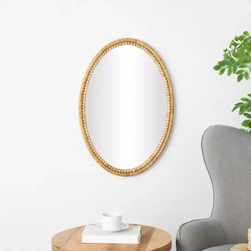 Specchio da parete ovale in bambù con perline, 71 x 51 cm, marrone