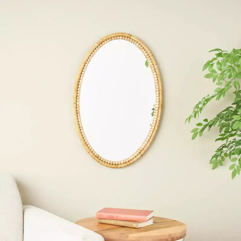 Specchio da parete ovale in bambù con perline, 71 x 51 cm, marrone