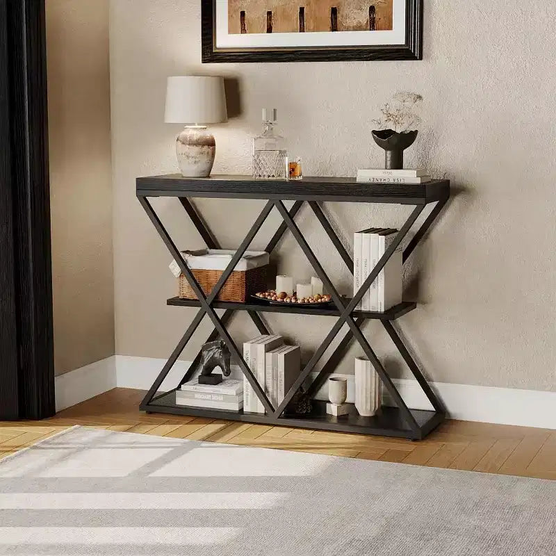 Industrial Narrow Console Table for Entryway Sofa Table Behind Couch X-Shaped Frame Rustic Wooden Accent Tables w/Storage Shelves for Hallway