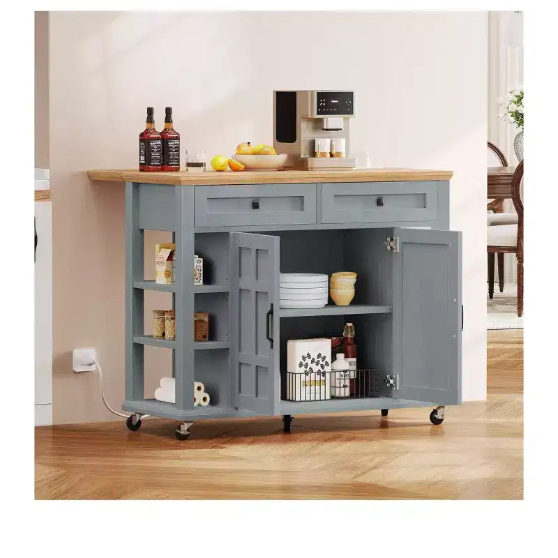Rolling Kitchen Island Cart with Folding Drop Leaf & Power Outlets Kitchen Storage Cart with Drawers with Adjustable Shelves, Grey