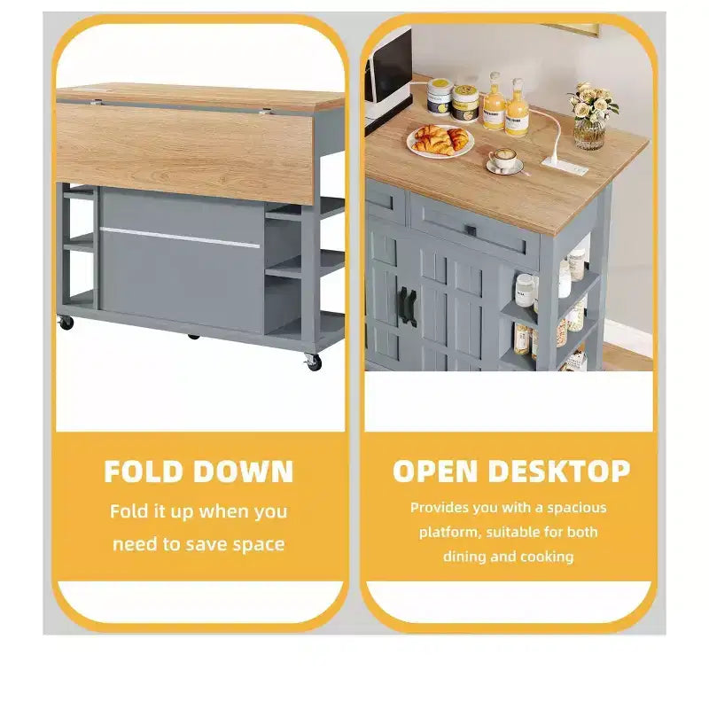 Carrello da cucina con isola, ripiano a ribalta, prese di corrente, cassetti e ripiani regolabili – Grigio
