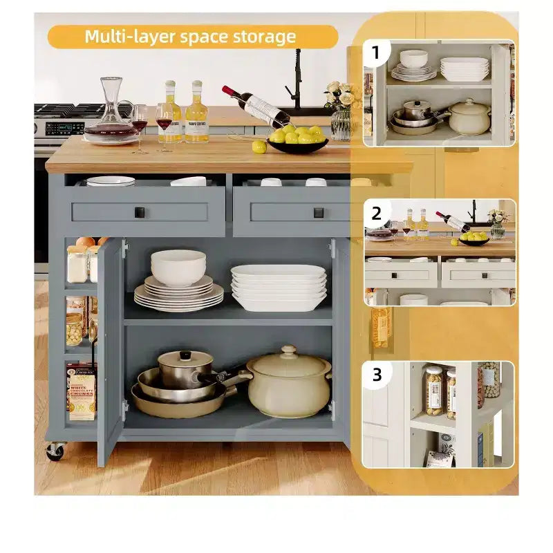 Carrello da cucina con isola, ripiano a ribalta, prese di corrente, cassetti e ripiani regolabili – Grigio