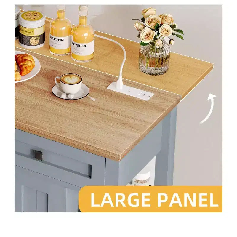 Carrello da cucina con isola, ripiano a ribalta, prese di corrente, cassetti e ripiani regolabili – Grigio
