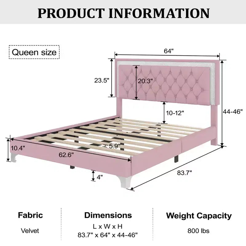 Letto a piattaforma Queen Size imbottito a LED con testiera trapuntata
