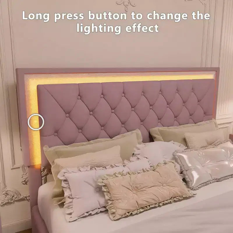 Letto a piattaforma Queen Size imbottito a LED con testiera trapuntata