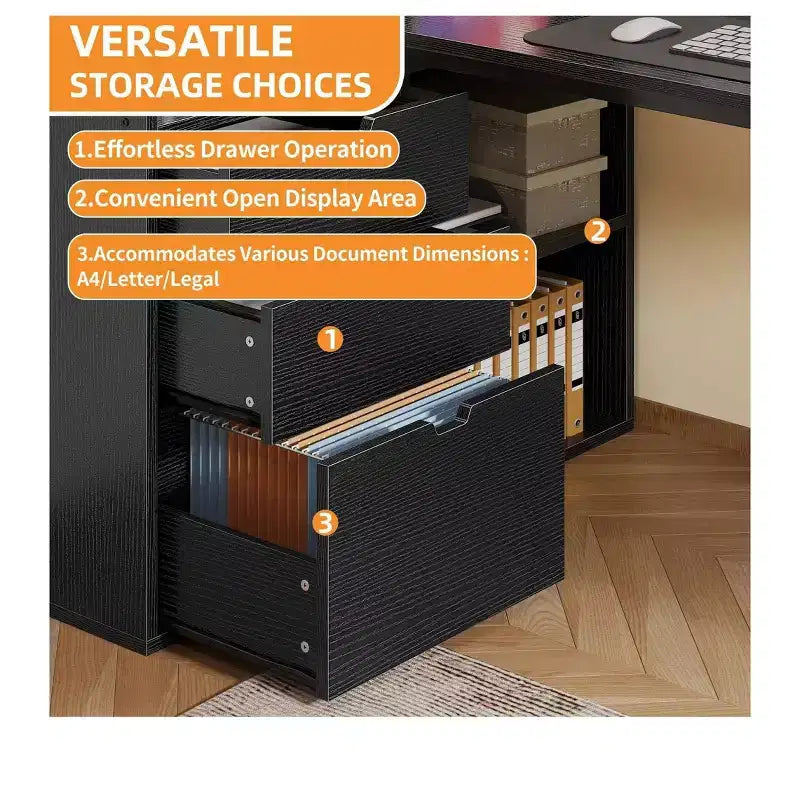 Scrivania a L da 55 pollici con 3 cassetti, prese di corrente e luci LED