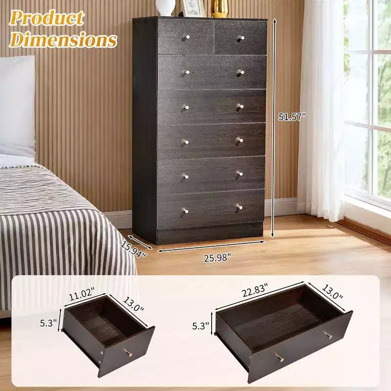 Cassettiera grande a 7 cassetti per camera da letto, Comò con organizer in legno, Marrone