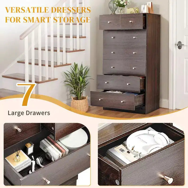Cassettiera grande a 7 cassetti per camera da letto, Comò con organizer in legno, Marrone