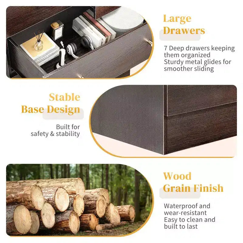 Cassettiera grande a 7 cassetti per camera da letto, Comò con organizer in legno, Marrone