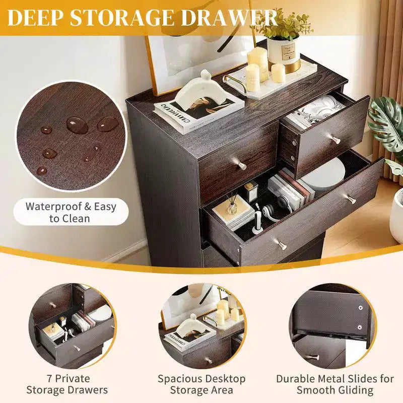 Cassettiera grande a 7 cassetti per camera da letto, Comò con organizer in legno, Marrone