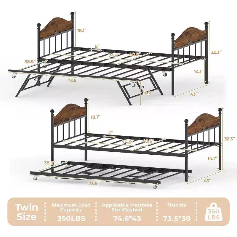 Daybed Singolo con Letto Estraibile - Struttura in Metallo, Divano Letto Pieghevole