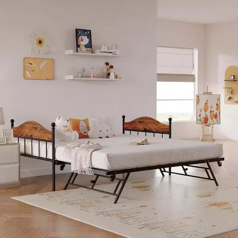 Daybed Singolo con Letto Estraibile - Struttura in Metallo, Divano Letto Pieghevole