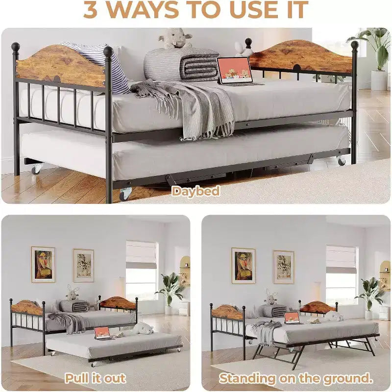 Daybed Singolo con Letto Estraibile - Struttura in Metallo, Divano Letto Pieghevole