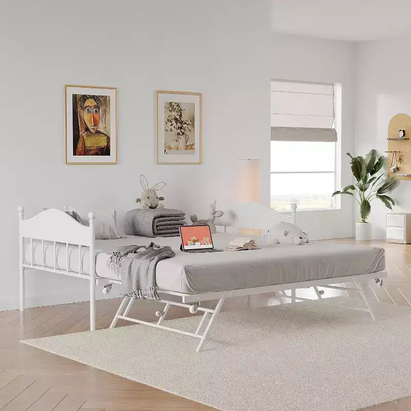 Daybed Singolo con Letto Estraibile - Struttura in Metallo, Divano Letto Pieghevole