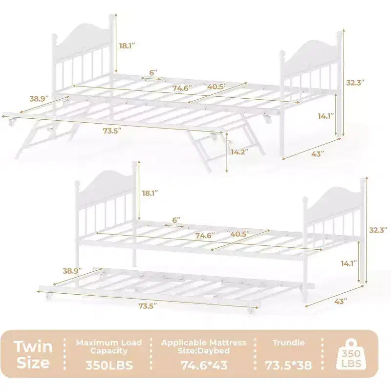 Daybed Singolo con Letto Estraibile - Struttura in Metallo, Divano Letto Pieghevole