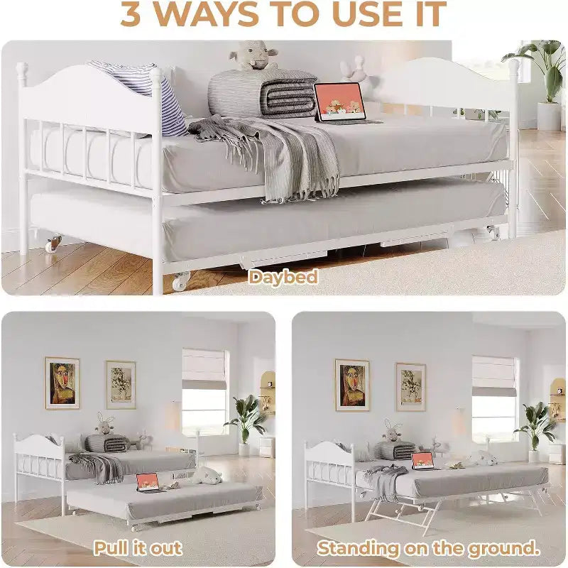 Daybed Singolo con Letto Estraibile - Struttura in Metallo, Divano Letto Pieghevole