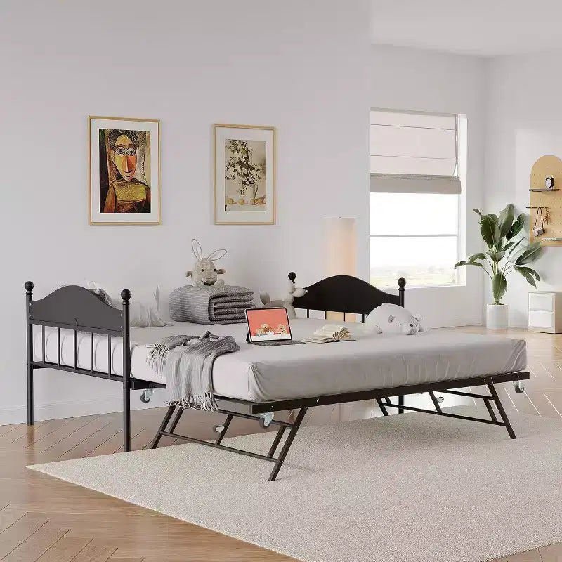 Daybed Singolo con Letto Estraibile - Struttura in Metallo, Divano Letto Pieghevole