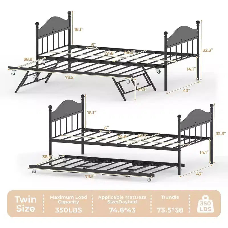 Daybed Singolo con Letto Estraibile - Struttura in Metallo, Divano Letto Pieghevole