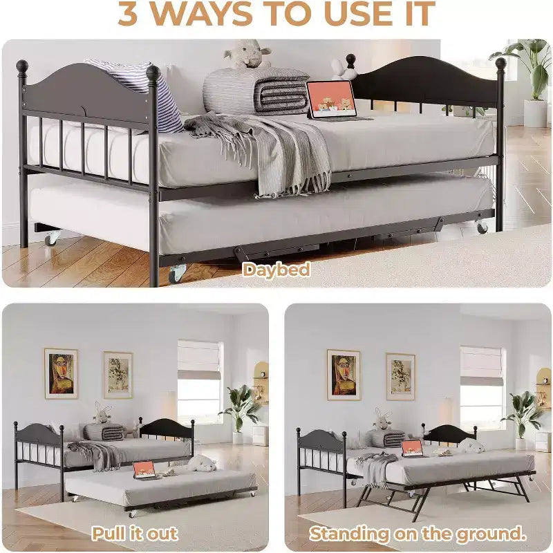 Daybed Singolo con Letto Estraibile - Struttura in Metallo, Divano Letto Pieghevole