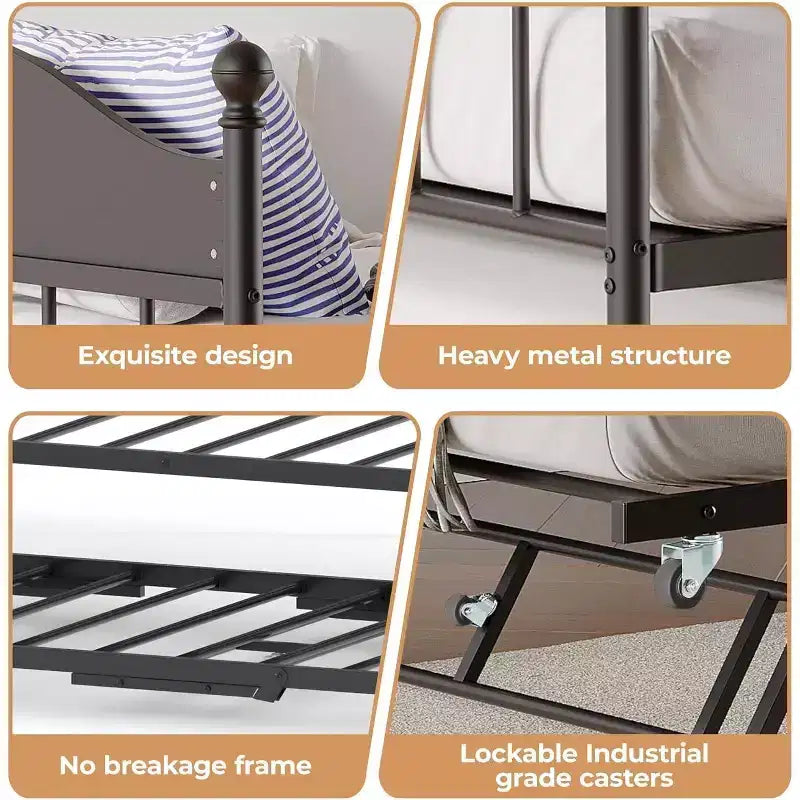 Daybed Singolo con Letto Estraibile - Struttura in Metallo, Divano Letto Pieghevole