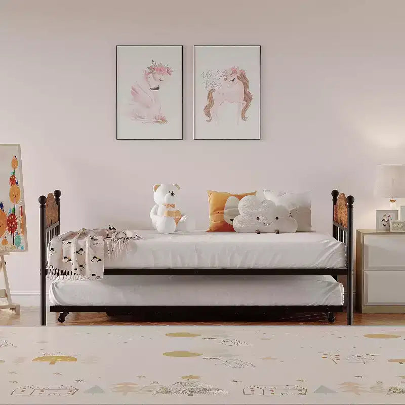 Daybed Singolo con Letto Estraibile - Struttura in Metallo, Divano Letto Pieghevole