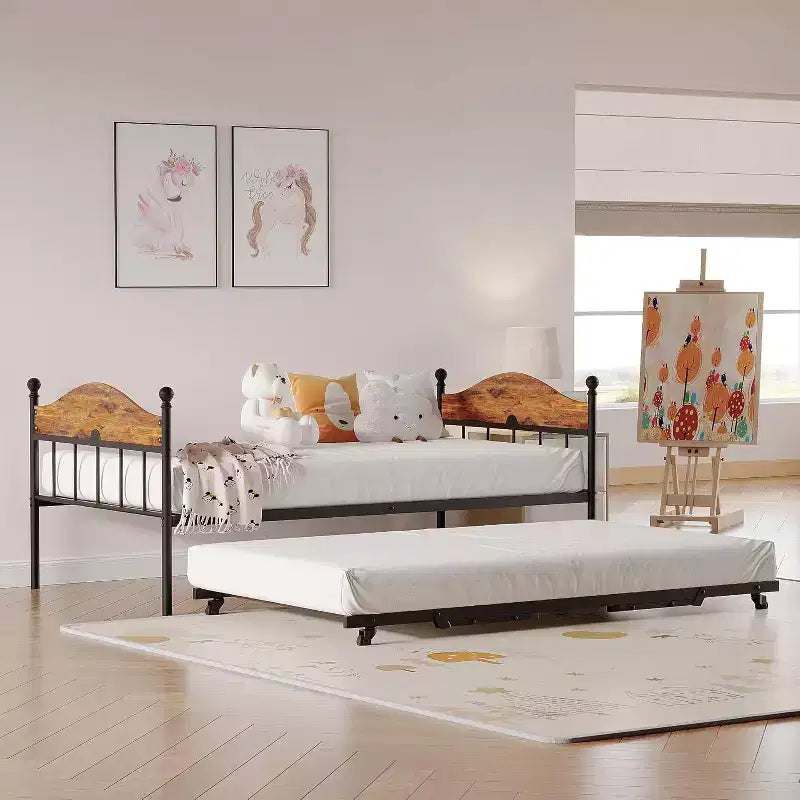 Daybed Singolo con Letto Estraibile - Struttura in Metallo, Divano Letto Pieghevole
