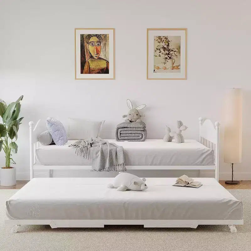 Daybed Singolo con Letto Estraibile - Struttura in Metallo, Divano Letto Pieghevole