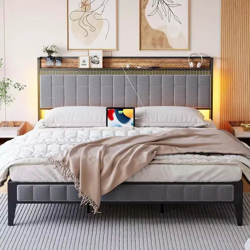 Full Size Linen Upholstered Bed Frame, Platform Bed Frame with Storage Headboard, No Box Spring Needed, Grey