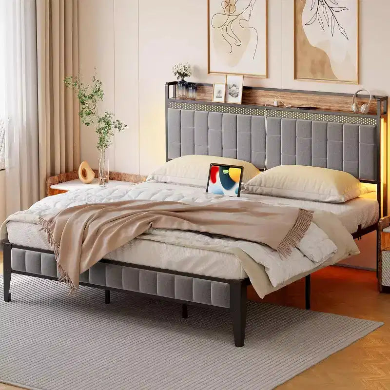 Struttura Letto con Base a Piattaforma e Testiera Imbottita in Lino con Contenitore