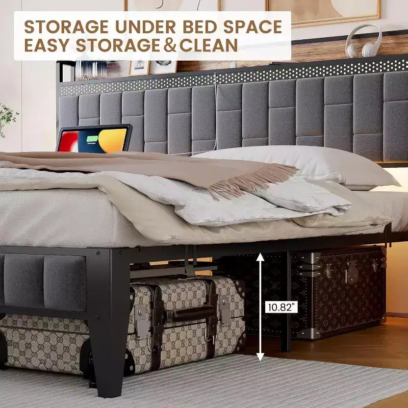 Struttura Letto con Base a Piattaforma e Testiera Imbottita in Lino con Contenitore