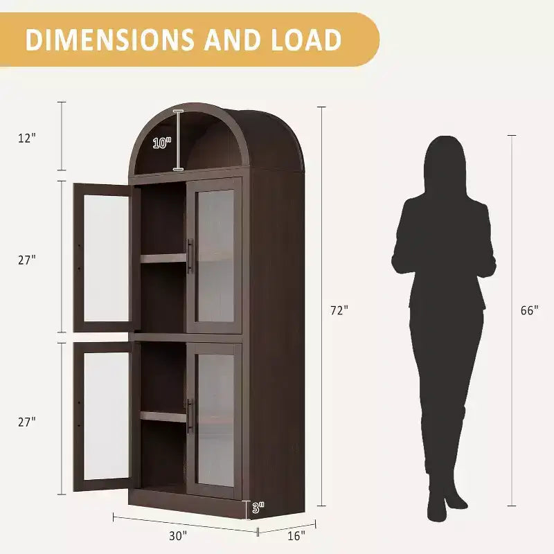 Libreria ad arco a 6 ripiani con ante in vetro e armadietti contenitori