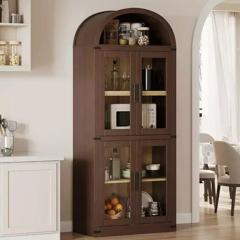 Libreria ad arco a 6 ripiani con ante in vetro e armadietti contenitori