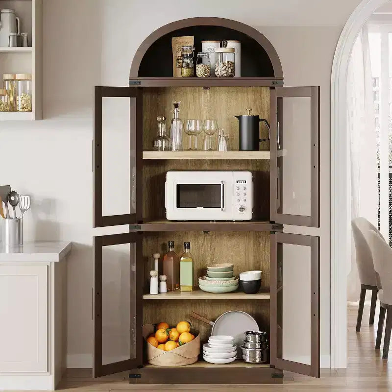 Libreria ad arco a 6 ripiani con ante in vetro e armadietti contenitori
