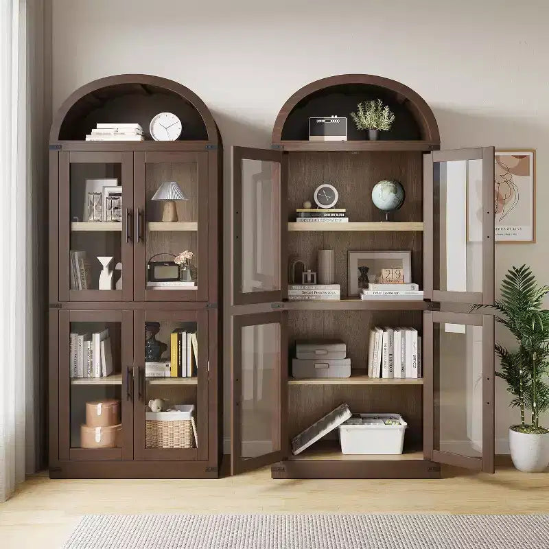 Libreria ad arco a 6 ripiani con ante in vetro e armadietti contenitori