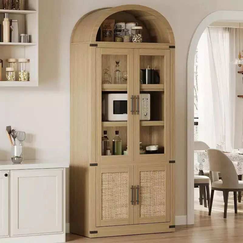 Libreria ad arco a 6 ripiani con ante in vetro e armadietti contenitori