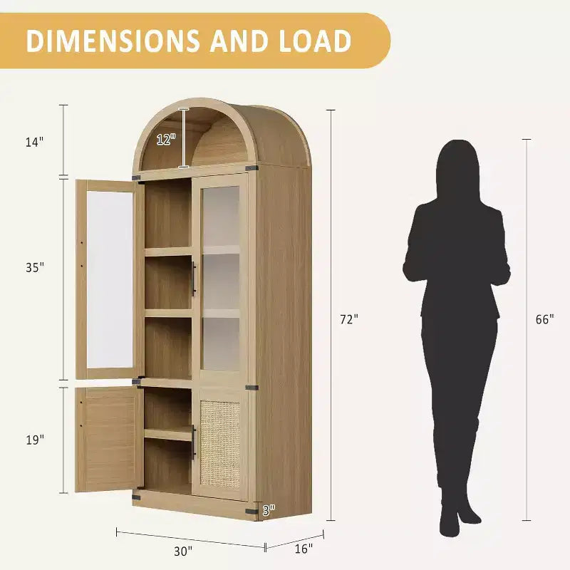 Libreria ad arco a 6 ripiani con ante in vetro e armadietti contenitori