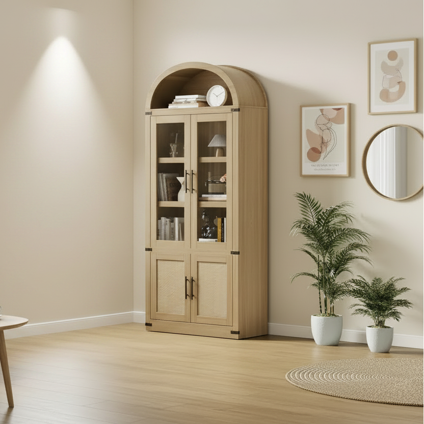 Libreria ad arco a 6 ripiani con ante in vetro e armadietti contenitori