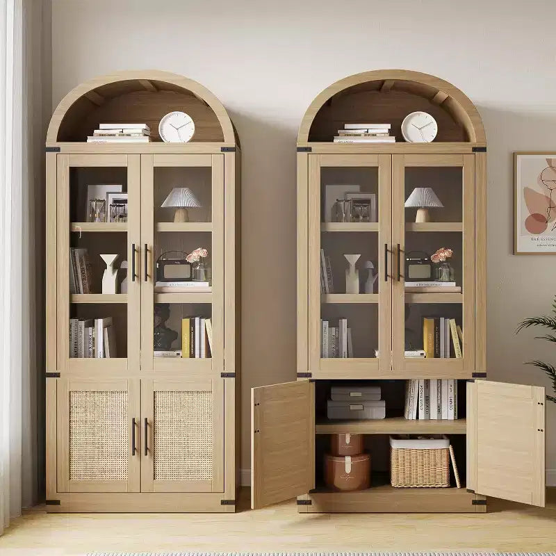 Libreria ad arco a 6 ripiani con ante in vetro e armadietti contenitori