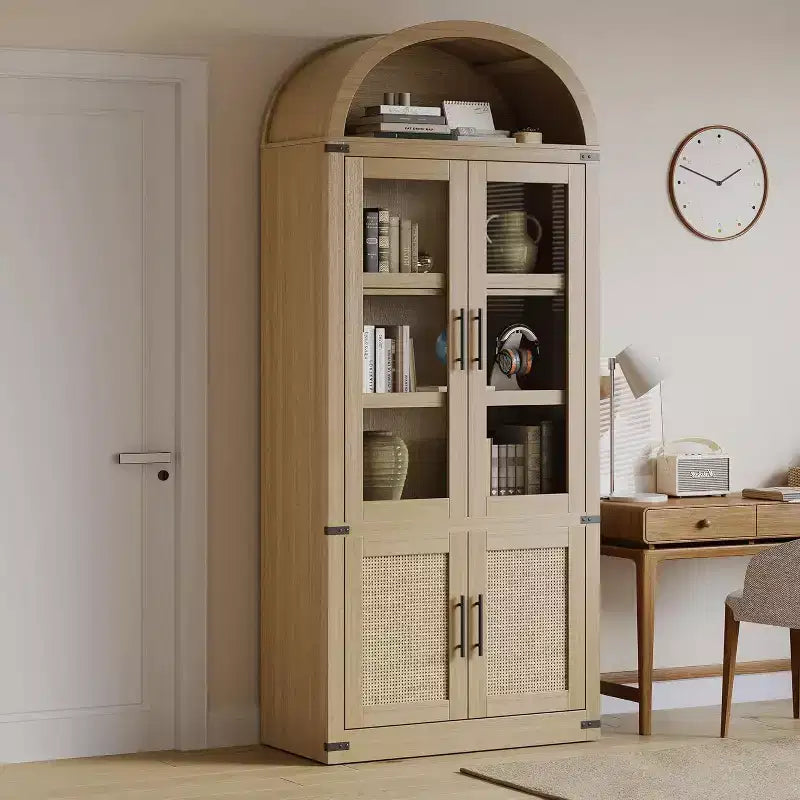 Libreria ad arco a 6 ripiani con ante in vetro e armadietti contenitori
