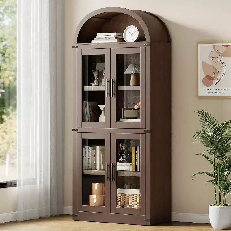 Libreria ad arco a 6 ripiani con ante in vetro e armadietti contenitori