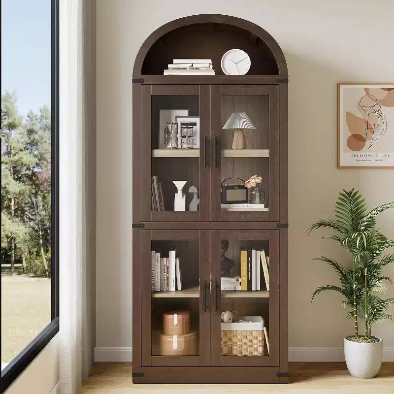 Libreria ad arco a 6 ripiani con ante in vetro e armadietti contenitori