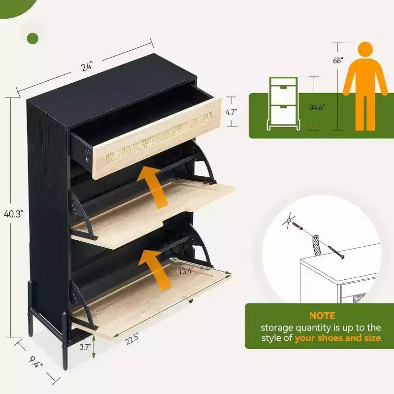 Scarpiera a 3 livelli sottile in rattan per ingresso e corridoio