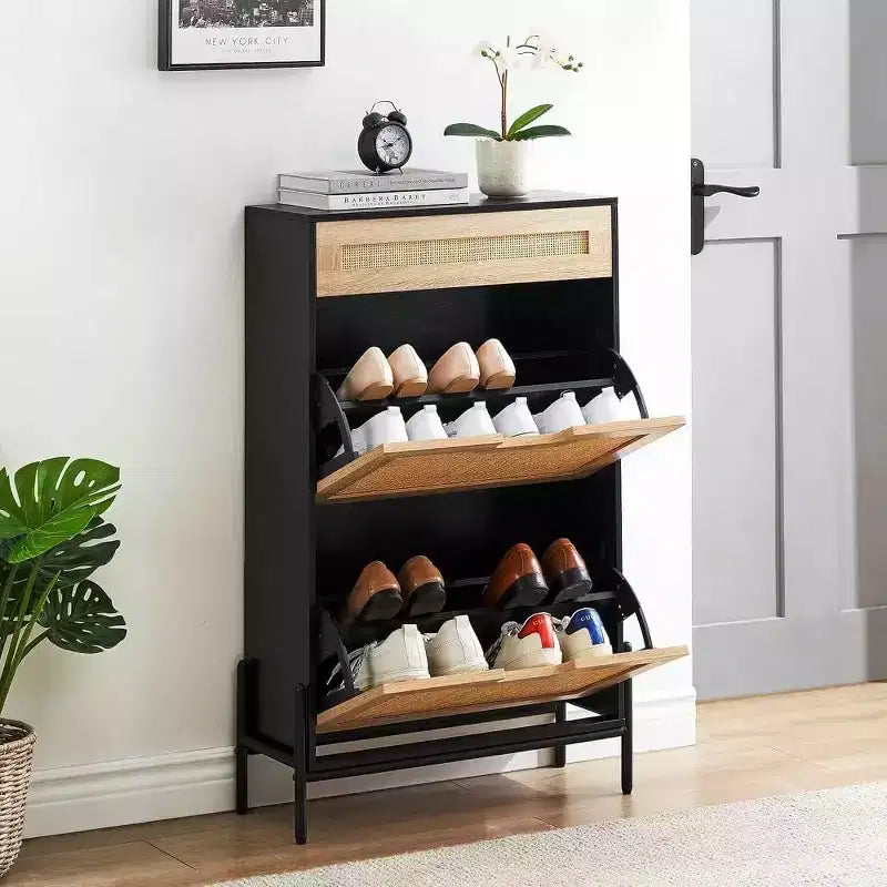 GustoWave 3-Tier Slim Rattan Shoe Storage Cabinet for Entryway Hallway Porch