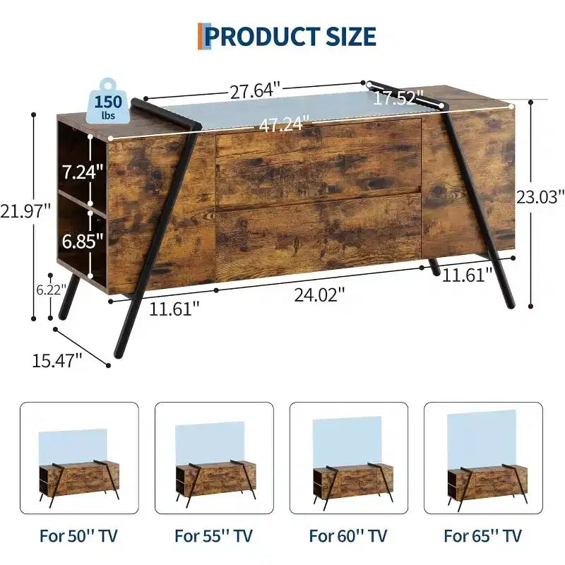 Mobile TV con cassetti e ripiano regolabile, adatto a TV fino a 65 pollici, gambe in metallo a U, grigio