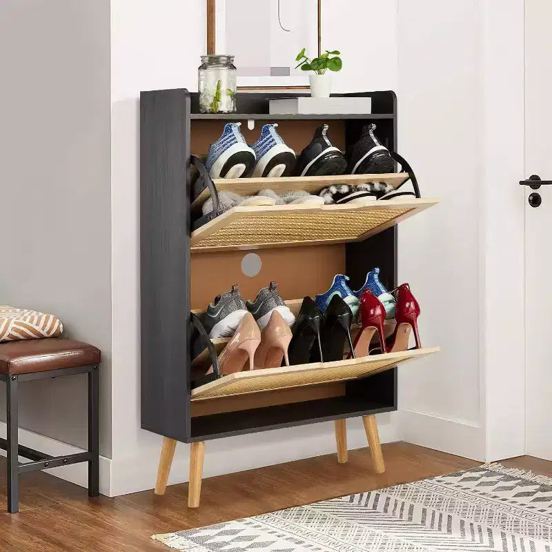 Scarpiera a 2 ripiani in rattan con ante a ribalta – Profondità ridotta 23,5 cm, contiene 12-18 paia