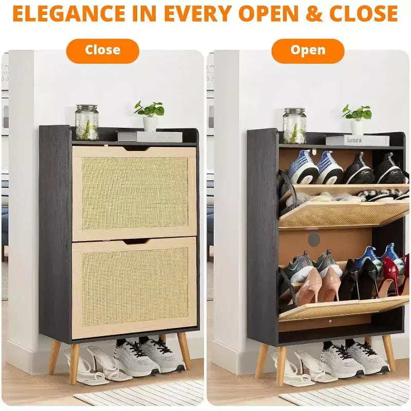 Scarpiera a 2 ripiani in rattan con ante a ribalta – Profondità ridotta 23,5 cm, contiene 12-18 paia