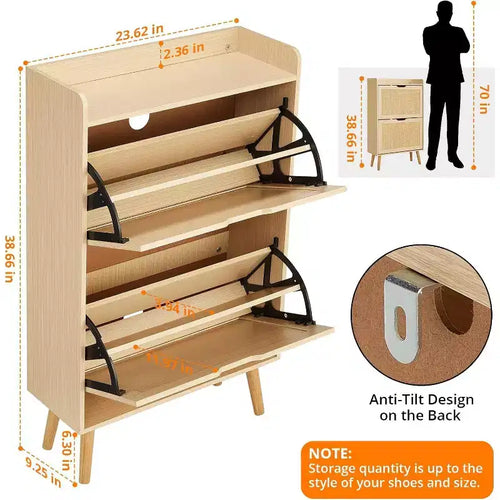 Scarpiera a 2 ripiani in rattan con ante a ribalta – Profondità ridotta 23,5 cm, contiene 12-18 paia