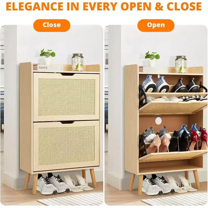 Scarpiera a 2 ripiani in rattan con ante a ribalta – Profondità ridotta 23,5 cm, contiene 12-18 paia