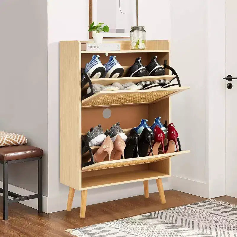Scarpiera a 2 ripiani in rattan con ante a ribalta – Profondità ridotta 23,5 cm, contiene 12-18 paia
