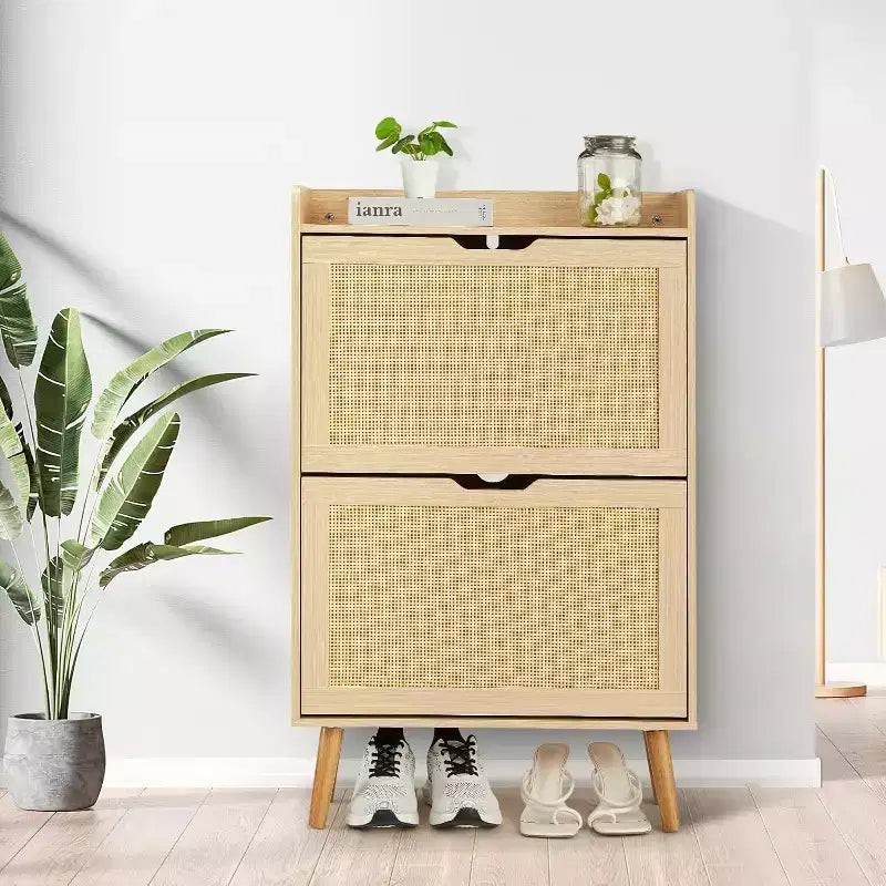 Scarpiera a 2 ripiani in rattan con ante a ribalta – Profondità ridotta 23,5 cm, contiene 12-18 paia